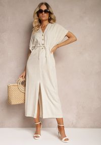Renee - Beżowa Sukienka z Bawełny z Górą o Koszulowym Kroju Ściągana w Pasie Viklia. Okazja: na co dzień. Typ kołnierza: dekolt w kształcie V. Kolor: beżowy. Materiał: bawełna. Wzór: aplikacja. Typ sukienki: koszulowe. Styl: casual, elegancki