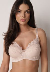 Born2be - Jasnobeżowy Biustonosz na Szerokich Ramiączkach z Koronką Merabilla. Kolor: beżowy. Materiał: koronka. Wzór: koronka #1