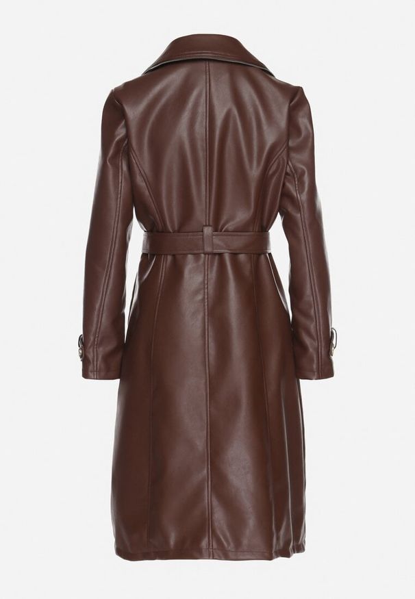 Born2be - Brązowy Dwurzędowy Płaszcz Trencz z Imitacji Skóry z Wiązanym Paskiem Nilovessa. Okazja: na co dzień. Kolor: brązowy. Materiał: skóra. Styl: elegancki, casual, klasyczny