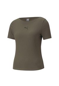 Puma - T-shirt Damski Prążkowana Slim. Kolor: zielony. Materiał: prążkowany