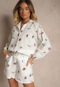 Renee - Biały Komplet z Wiskozą Koszula i Szorty w Morski Print Reisoria. Kolor: biały. Materiał: wiskoza. Wzór: nadruk