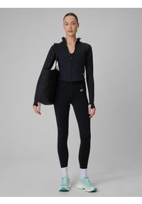 4f - 4F Bluza treningowa slim szybkoschnąca damska - czarna S. Okazja: na co dzień. Typ kołnierza: kołnierzyk stójkowy. Kolor: czarny. Materiał: skóra. Styl: casual, sportowy #2