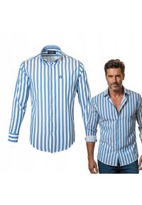 Biała, Lekko Taliowana Koszula Męska - Pako Jeans - Niebieski Prążek. Okazja: na co dzień. Kolor: niebieski. Materiał: wiskoza, bawełna. Wzór: paski. Styl: casual #6