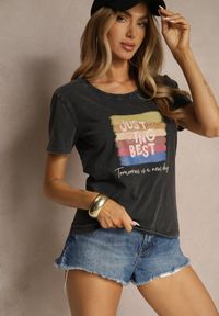 Renee - Czarny T-shirt z Bawełny z Nadrukiem Inaren. Okazja: na co dzień. Kolor: czarny. Materiał: bawełna. Wzór: nadruk. Styl: klasyczny, casual