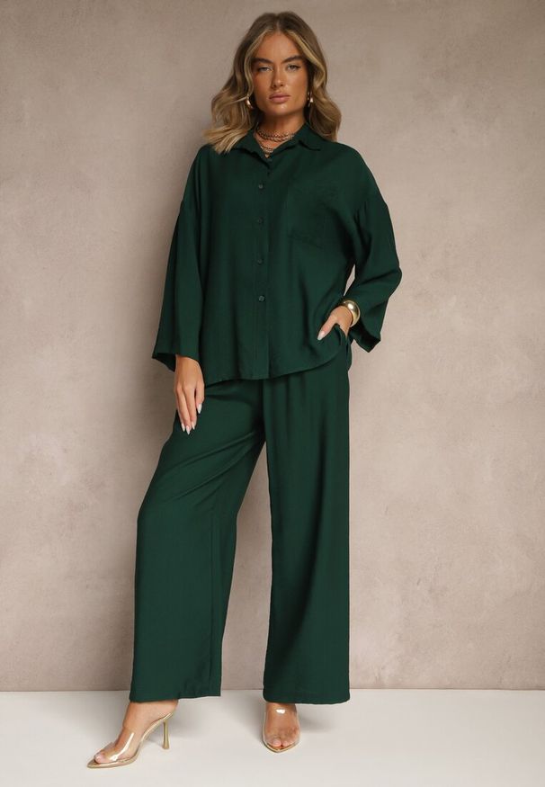 Renee - Ciemnozielony Wiskozowy Komplet Oversize Koszula i Spodnie Wide Leg Zierana. Kolor: zielony. Materiał: wiskoza