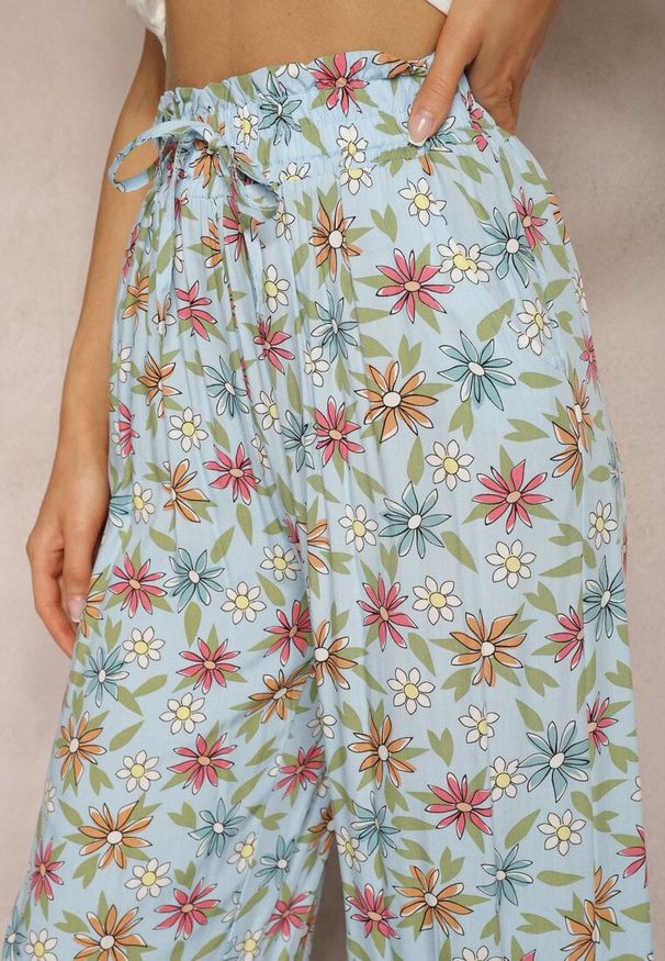 Renee - Jasnoniebieskie Szerokie Spodnie z Bawełny z Gumką w Talii Axnalia. Kolor: niebieski. Materiał: bawełna. Styl: elegancki