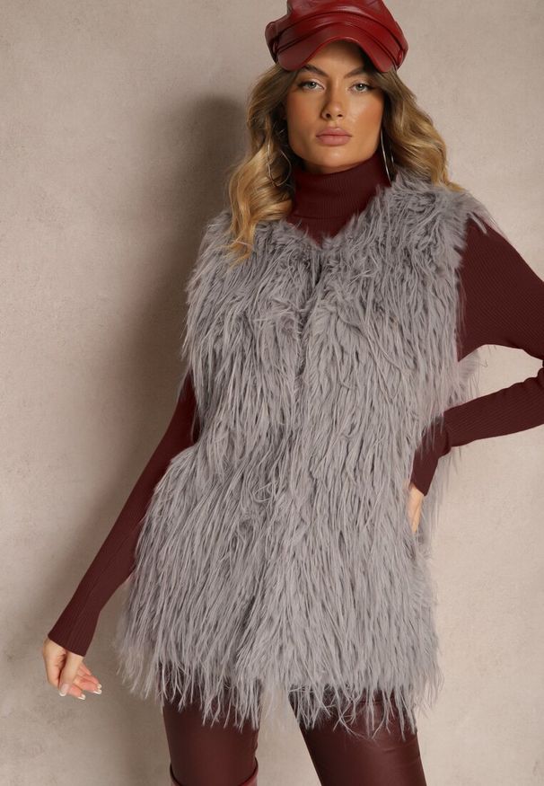 Renee - Szara Futerkowa Kamizelka o Prostym Kroju z Kieszeniami Venialith. Okazja: na co dzień. Kolor: szary. Materiał: jeans. Styl: casual, klasyczny, elegancki