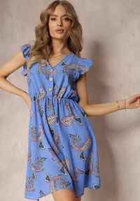 Renee - Niebieska Rozkloszowana Sukienka Mini we Wzór Paisley Rachelli. Typ kołnierza: kołnierz z falbankami. Kolor: niebieski. Długość rękawa: bez rękawów. Wzór: paisley. Styl: elegancki. Długość: mini #3
