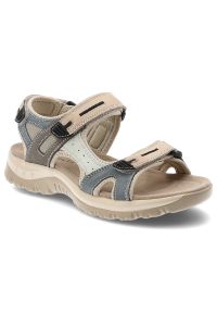 Sandały damskie McKeylor, cholewka ze skóry naturalnej regulowane paski na rzepy płaska podeszwa, beżowo niebieskie, 95414. Zapięcie: rzepy. Kolor: beżowy. Materiał: skóra. Wzór: paski. Obcas: na płaskiej podeszwie #1