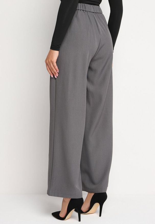 Born2be - Szare Eleganckie Spodnie Garniturowe z Szerokimi Nogawkami i Paskiem Verinella. Okazja: na co dzień. Kolor: szary. Wzór: aplikacja, bez wzorów. Styl: elegancki