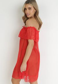 Born2be - Czerwona Przezroczysta Koszula Nocna z Koronkową Falbaną i Stringami Zainalia. Kolor: czerwony. Materiał: koronka
