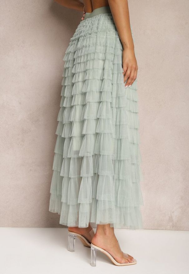 Renee - Miętowa Spódnica Tiulowa z Gumką w Talii Ozdobiona Falbanami Missalisha. Okazja: na imprezę, na co dzień. Kolor: miętowy. Materiał: tiul. Wzór: aplikacja. Sezon: wiosna, lato. Styl: casual, elegancki