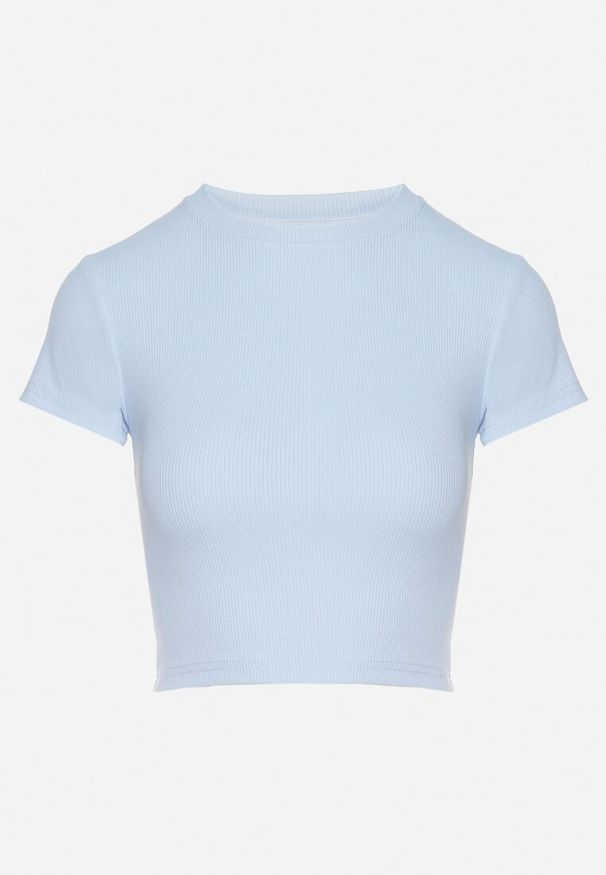 Born2be - Jasnoniebieski T-shirt z Prążkowanego Materiału o Krótkim Kroju Telunna. Okazja: na co dzień, na spotkanie biznesowe. Kolor: niebieski. Materiał: materiał, prążkowany. Długość: krótkie. Styl: biznesowy, klasyczny, elegancki, casual