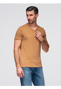 Ombre Clothing - Męska klasyczna bawełniana koszulka z dekoltem w serek BASIC – brązowa V9 - Rozmiar: XL. Typ kołnierza: dekolt w serek. Kolor: brązowy. Materiał: bawełna. Styl: klasyczny