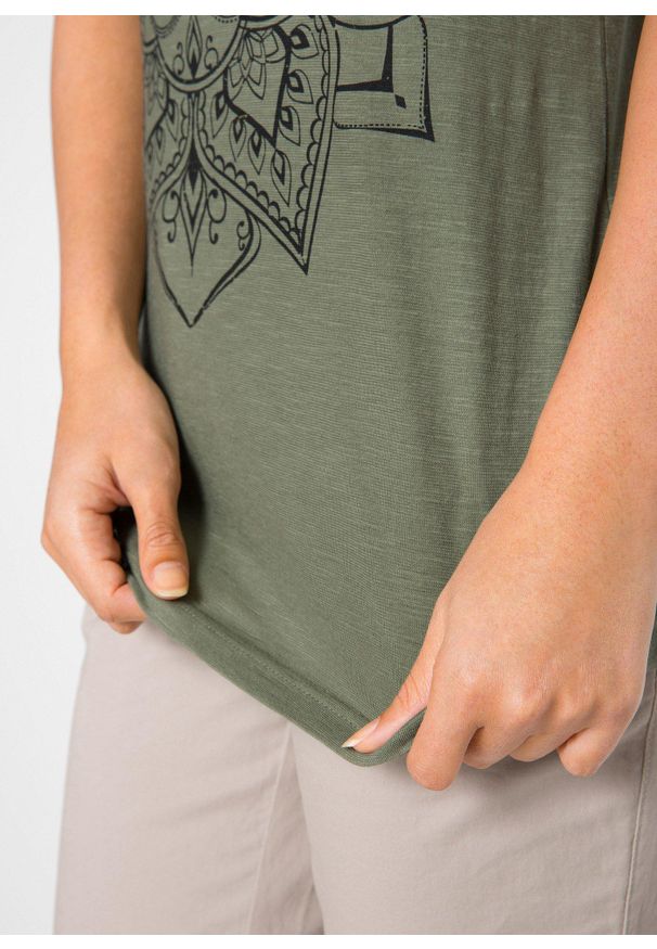 bonprix - Shirt z przędzy mieszankowej, krótki rękaw. Kolor: zielony. Długość rękawa: krótki rękaw. Długość: krótkie. Wzór: nadruk