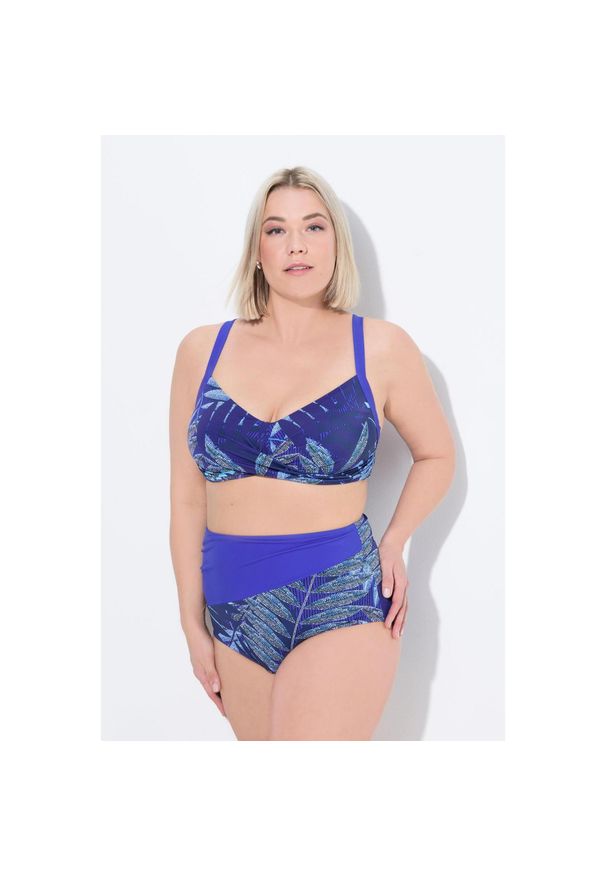 ULLA POPKEN - Damskie Bikini wzór paproci miękkie miseczki drapowany fason. Kolekcja: plus size. Kolor: niebieski. Materiał: poliester, elastan, poliamid, materiał