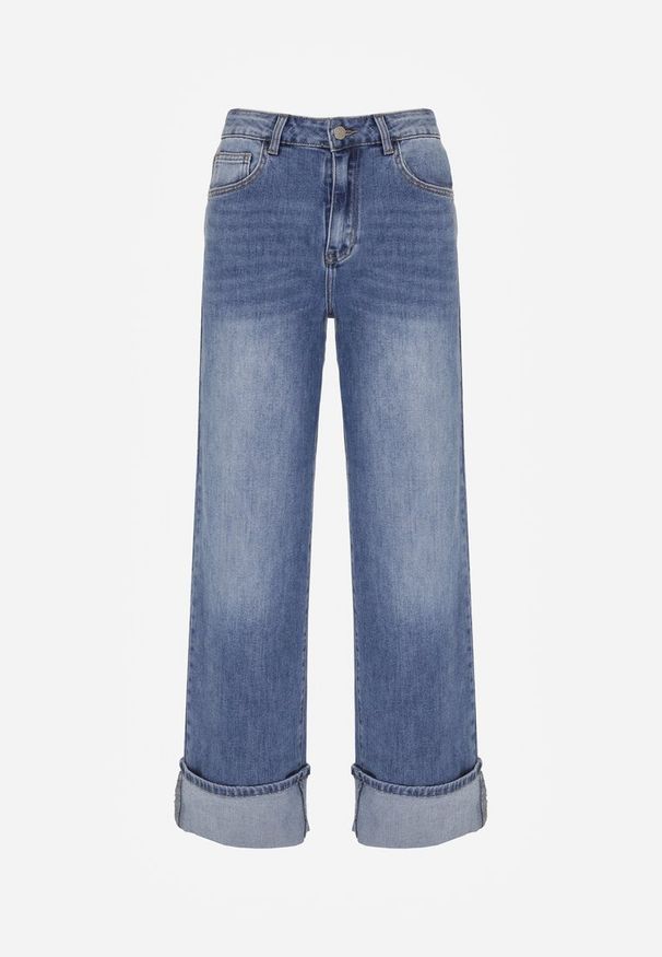 Born2be - Niebieskie Szerokie Jeansy z Wysokim Stanem i Podwiniętymi Nogawkami Jilora. Okazja: na co dzień, do pracy, na spotkanie biznesowe. Stan: podwyższony. Kolor: niebieski. Styl: biznesowy, klasyczny, casual