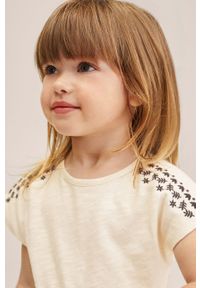 Mango Kids sukienka bawełniana dziecięca Morgana kolor beżowy mini prosta. Okazja: na co dzień. Kolor: beżowy. Materiał: bawełna. Długość rękawa: krótki rękaw. Wzór: aplikacja. Typ sukienki: proste. Styl: casual. Długość: mini #6