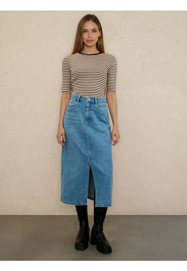 Sinsay - Spódnica jeansowa z efektem sprania - niebieski. Kolor: niebieski. Materiał: jeans