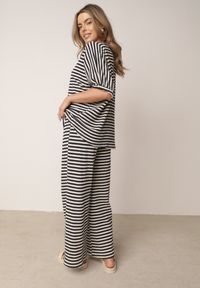 Born2be - Beżowo-Granatowy Dzianinowy Komplet z Bawełny T-shirt i Szerokie Spodnie o Luźnym Fasonie w Paski Nemoress. Kolor: beżowy. Materiał: bawełna, dzianina. Wzór: paski #4