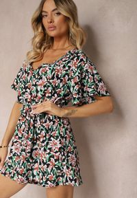 Renee - Czarno-Zielony Kombinezon z Dekoltem w Serek z Gumką w Talii i Materiałowym Paskiem Tessanda. Okazja: na co dzień. Kolor: czarny. Materiał: materiał. Styl: casual, elegancki #4