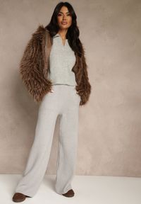 Renee - Szare Szerokie Spodnie Dzianinowe Ozdobione Sznurkami Meretusa. Okazja: na co dzień, do pracy, na spotkanie biznesowe. Stan: podwyższony. Kolor: szary. Materiał: dzianina. Wzór: aplikacja. Styl: biznesowy, klasyczny, casual #1