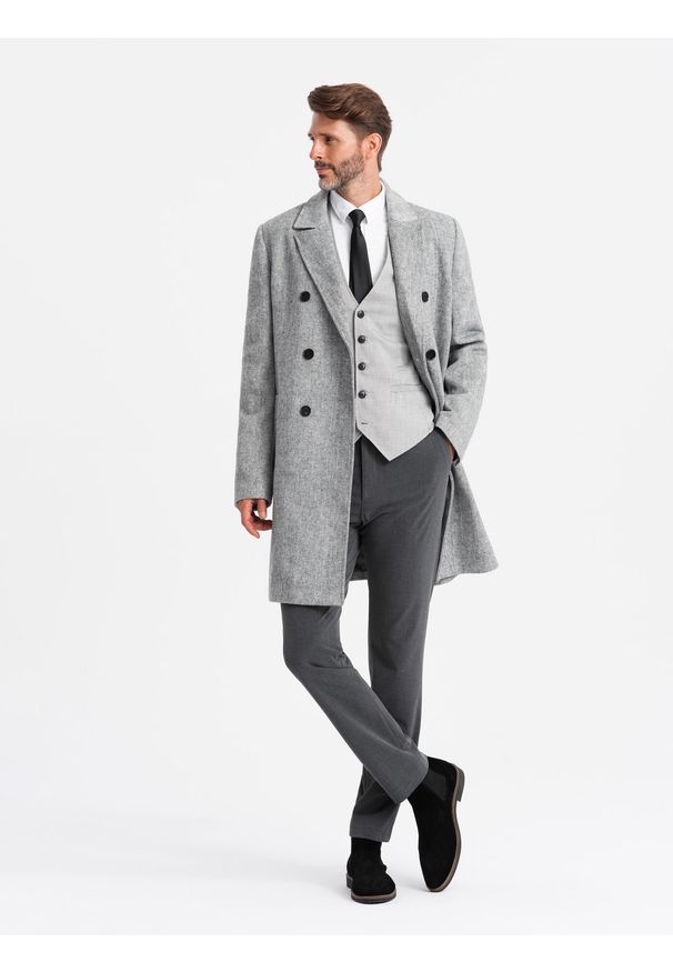 Ombre Clothing - Elegancki dwurzędowy męski płaszcz w jodełkę – szary V1 - Rozmiar: XXL. Kolor: szary. Materiał: tkanina, poliester, dzianina, materiał. Wzór: jodełka. Styl: elegancki