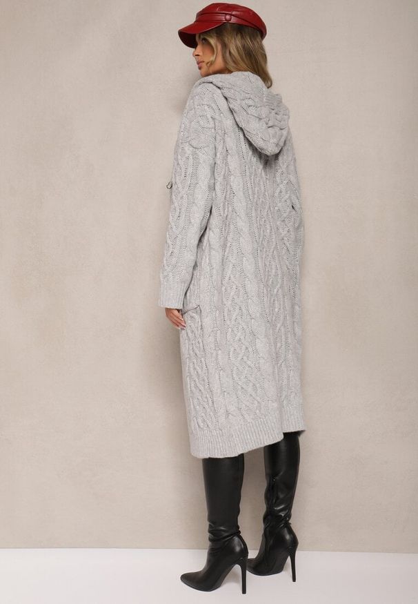 Renee - Szary Kardigan z Tłoczonej Dzianiny z Wełną i Wiskozą z Kapturem i Kieszeniami Vaileth. Typ kołnierza: kaptur. Kolor: szary. Materiał: dzianina, wełna, wiskoza