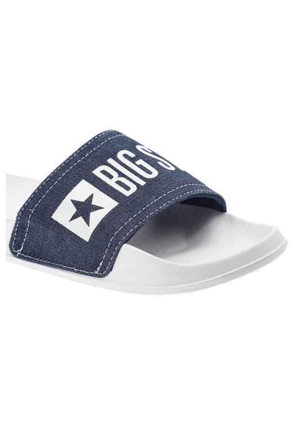 Big-Star - Białe Klapki Big Star Modne Męskie Buty Na Lato. Okazja: na plażę. Kolor: biały. Materiał: materiał. Wzór: aplikacja. Sezon: lato. Styl: wakacyjny