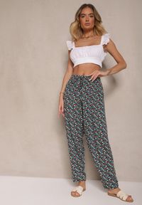 Renee - Zielono-Czarne Spodnie z Wiskozy High Waist w Kwiatowy Wzór Liosena. Okazja: na co dzień. Stan: podwyższony. Kolor: zielony. Materiał: wiskoza. Wzór: kwiaty. Styl: casual