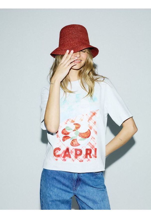 Reserved - Bawełniany t-shirt z nadrukiem - jasnoniebieski. Kolor: niebieski. Materiał: bawełna. Wzór: nadruk