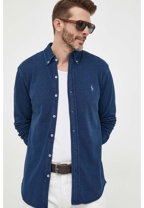 Polo Ralph Lauren koszula bawełniana męska kolor granatowy regular z kołnierzykiem button-down. Typ kołnierza: button down, polo. Kolor: niebieski. Materiał: bawełna. Długość rękawa: długi rękaw. Długość: długie. Wzór: gładki