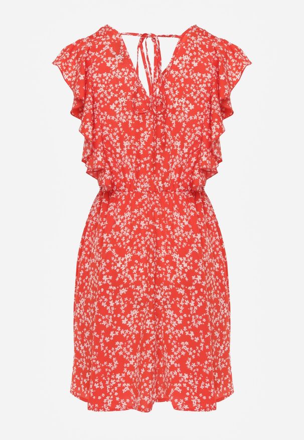 Renee - Czerwona Sukienka Elefa. Typ kołnierza: kołnierz z falbankami. Kolor: czerwony. Długość rękawa: krótki rękaw. Wzór: aplikacja, kwiaty. Sezon: lato. Długość: mini