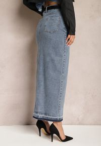 Renee - Granatowa Ołówkowa Spódnica Jeansowa z Ozdobnym Rozcięciem Lefrana. Kolor: niebieski. Materiał: jeans. Styl: elegancki #3