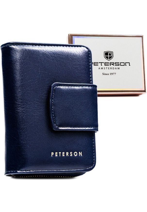Granatowy portfel damski ze skóry ekologicznej z systemem RFID - Peterson. Kolor: niebieski. Materiał: skóra ekologiczna. Wzór: aplikacja