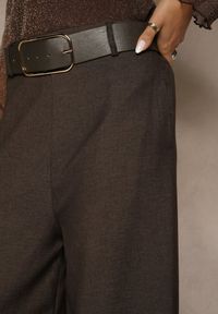 Renee - Brązowe Szerokie Garniturowe Spodnie z Bawełny High Waist Ozdobione Paskiem Tusneva. Okazja: na co dzień. Stan: podwyższony. Kolor: brązowy. Materiał: bawełna. Wzór: aplikacja. Styl: wizytowy, casual, elegancki #2