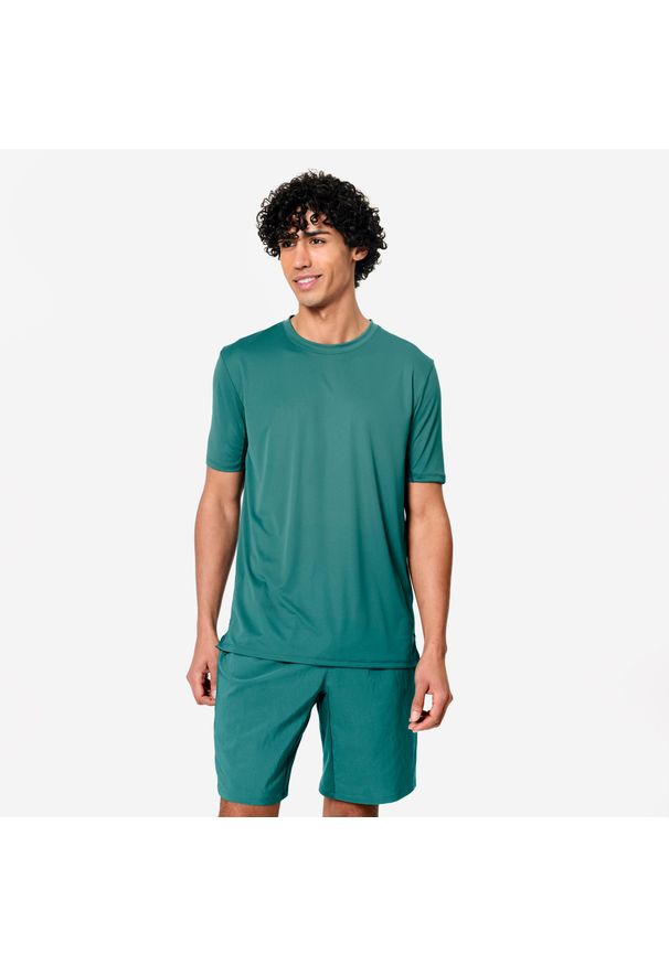 DOMYOS - Koszulka fitness męska Domyos krótki rękaw. Kolor: wielokolorowy, niebieski, zielony. Materiał: poliester, materiał. Długość rękawa: krótki rękaw. Długość: krótkie. Sport: fitness