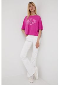 GAP t-shirt bawełniany kolor różowy. Kolor: różowy. Materiał: bawełna. Długość rękawa: krótki rękaw. Długość: krótkie. Wzór: nadruk