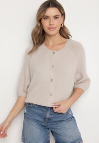 Born2be - Jasnobeżowy Kardigan z Wełną z Rękawami Długości 3/4 Iffolara. Okazja: na co dzień. Kolor: beżowy. Materiał: wełna. Styl: klasyczny, elegancki, casual