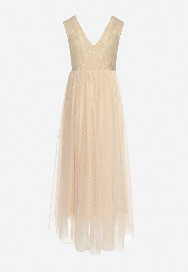 Born2be - Beżowa Rozkloszowana Sukienka Maxi z Koronkową Górą i Tiulowym Dołem Gelivia. Kolor: beżowy. Materiał: tiul, koronka. Długość: maxi