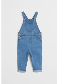 Mango Kids - Kombinezon dziecięcy Emille 809-104 cm. Kolor: niebieski. Materiał: bawełna, jeans, denim, materiał, elastan, poliester. Długość rękawa: na ramiączkach. Długość: długie. Wzór: gładki #1