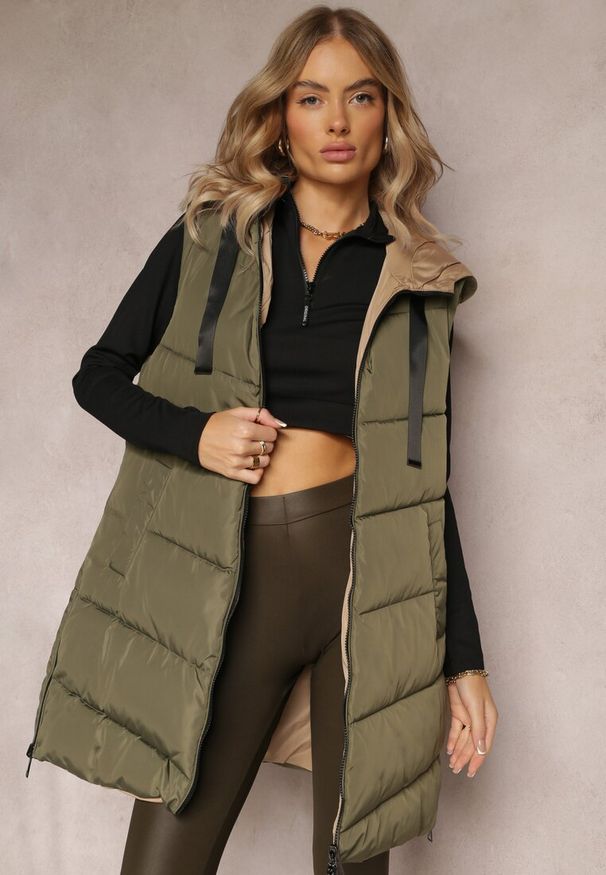 Renee - Zielona Długa Kamizelka z Kapturem Dwustronna Lurenta. Typ kołnierza: kaptur. Kolekcja: plus size. Kolor: zielony. Długość: długie