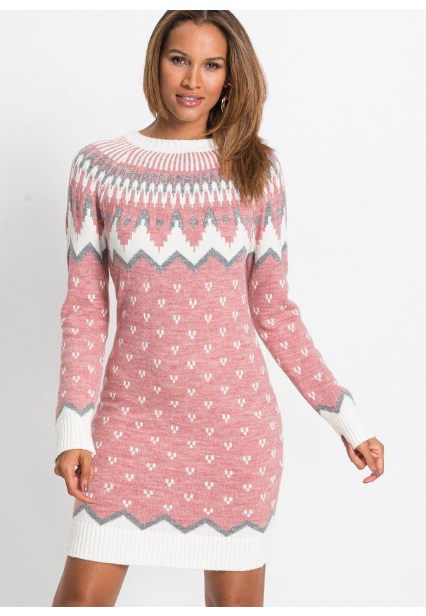 bonprix - Sukienka dzianinowa w norweski wzór. Kolor: różowy. Materiał: dzianina. Sezon: zima. Styl: elegancki