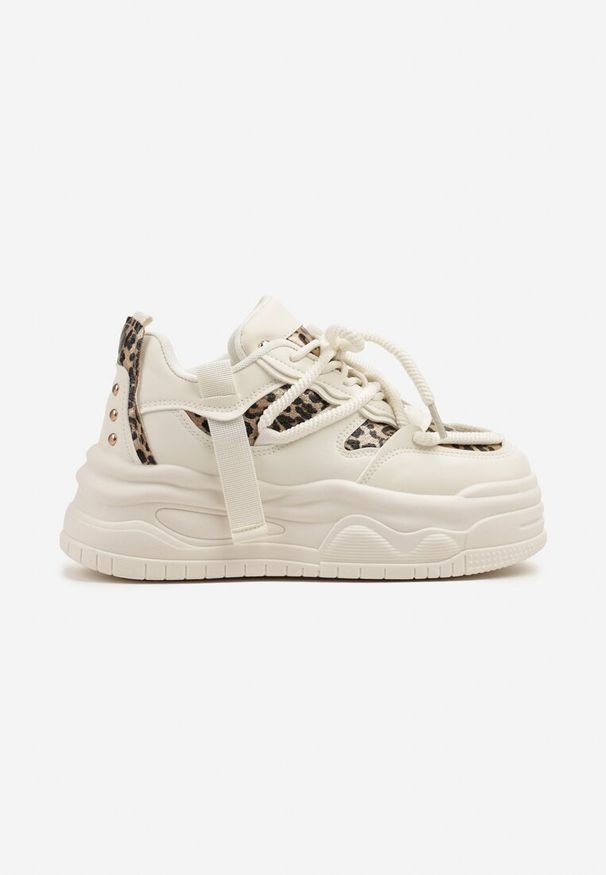 Born2be - Beżowo-Panterkowe Streetwearowe Sneakersy na Platformie z Brokatem i Aplikacjami Maivessa. Okazja: na co dzień. Kolor: beżowy. Materiał: jeans. Wzór: aplikacja. Obcas: na platformie