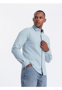 Ombre Clothing - Męska dzianinowa koszula SLIM FIT z długim rękawem – błękitna V3 - Rozmiar: M. Kolor: niebieski. Materiał: dzianina. Długość rękawa: długi rękaw. Długość: długie