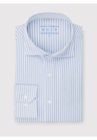 Pako Lorente - PAKO LORENTE - Błękitna koszula w prążek. Typ kołnierza: kołnierzyk włoski. Kolor: niebieski. Materiał: dzianina, poliester, bawełna. Długość rękawa: długi rękaw. Długość: długie. Wzór: prążki #2