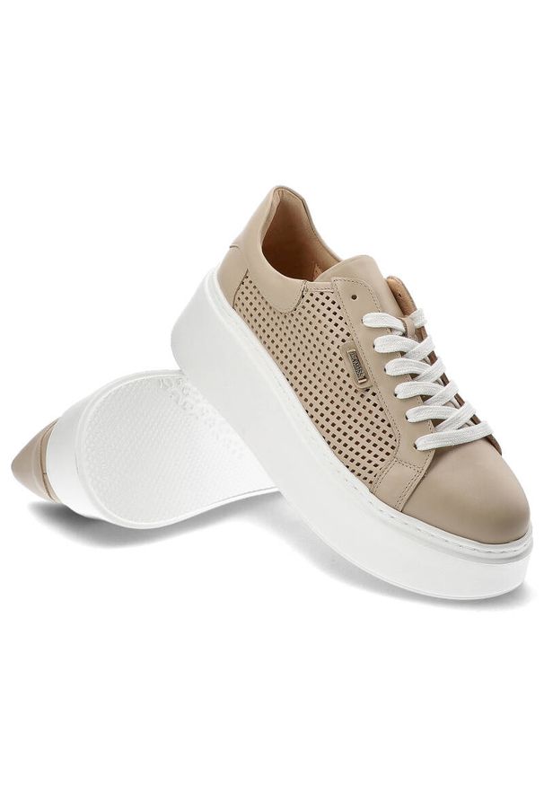 DAMISS - Beżowe Sneakersy Damiss Wygodne Ażurowe Obuwie Damskie. Kolor: beżowy. Materiał: skóra. Wzór: ażurowy