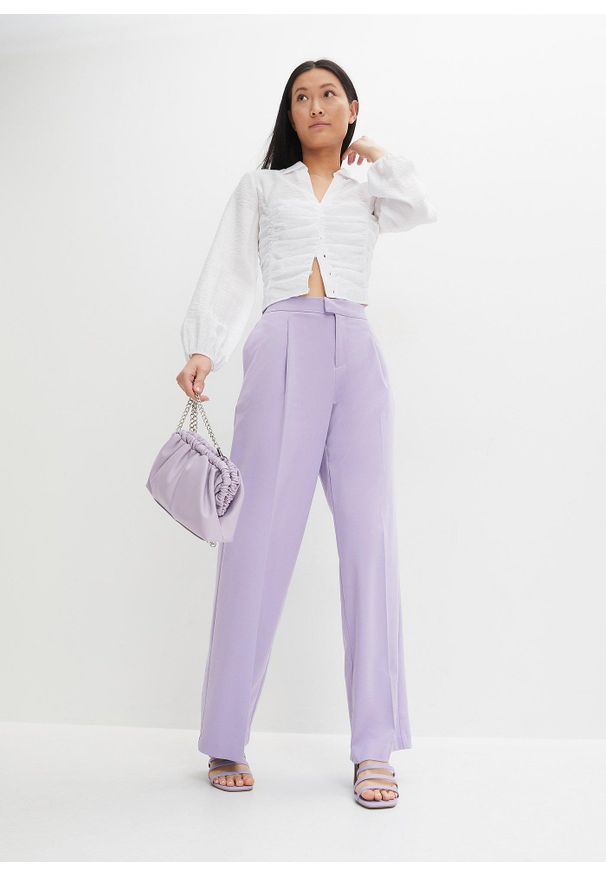 bonprix - Spodnie z zakładkami z wygodnym pasem. Kolor: fioletowy. Materiał: poliester. Styl: elegancki