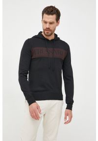 Trussardi Jeans - Trussardi sweter z domieszką wełny męski kolor czarny lekki. Typ kołnierza: kaptur. Kolor: czarny. Materiał: wełna #4