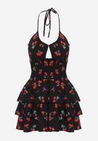 Renee - Czarna Sukienka Halter o Rozkloszowanym Kroju z Falbanami w Wisienki Lanelora. Okazja: na co dzień. Typ kołnierza: dekolt halter. Kolor: czarny. Materiał: bawełna. Styl: casual #8
